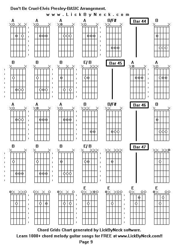 Chord Grids Chart of chord melody fingerstyle guitar song-Don't Be Cruel-Elvis Presley-BASIC Arrangement,generated by LickByNeck software.